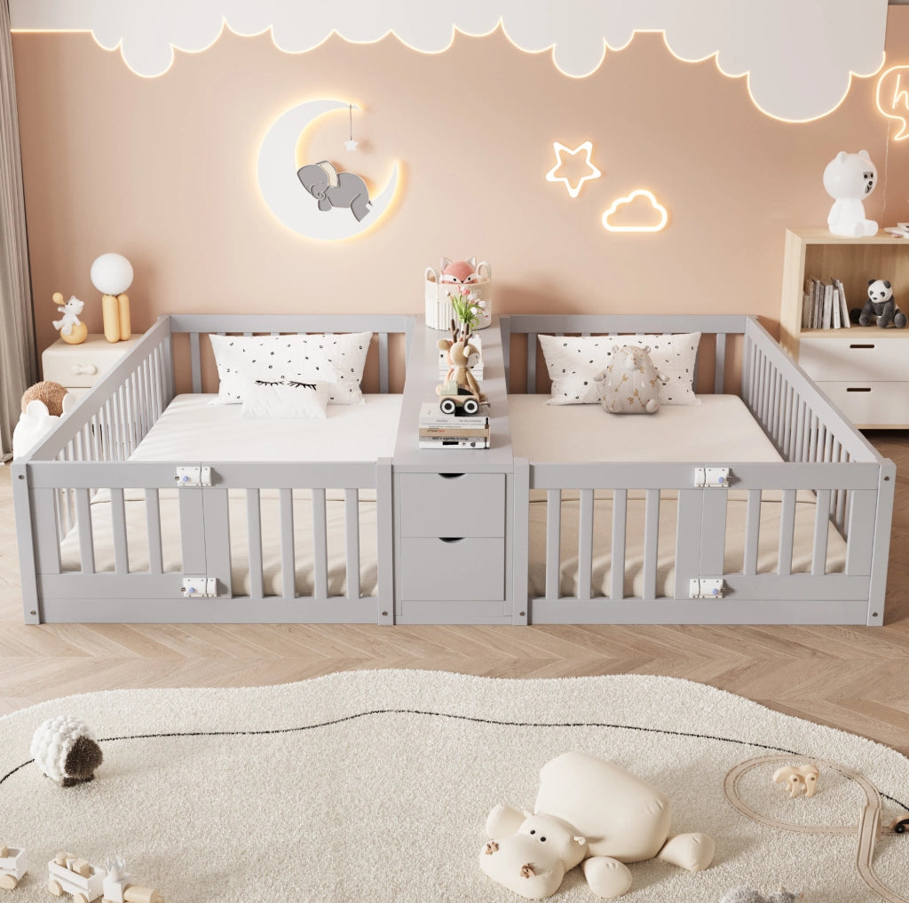 Letto doppio per bambini 90x200 cm con cassetti e ripiani in pino, compensato e MDF grigio