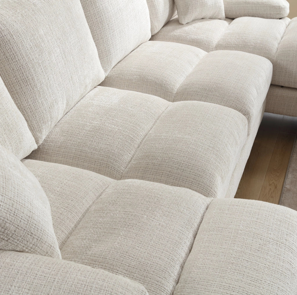 Divano componibile a U in chenille beige con doppia chaise longue
