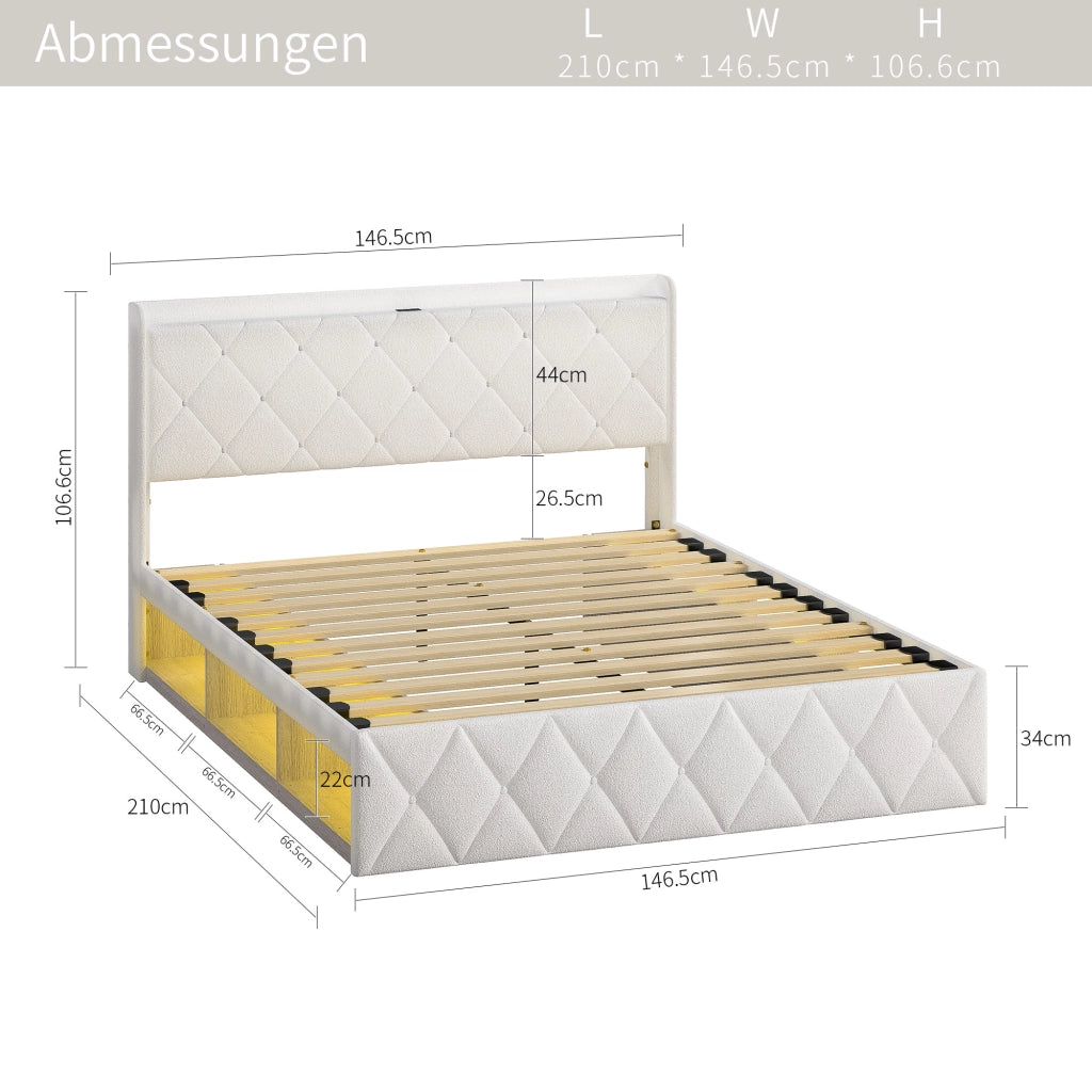 Letto imbottito 140 × 200 cm con USB, LED, 6 cassetti, ripiano testiera, senza materasso, bianco