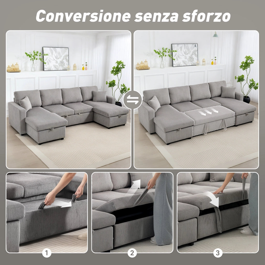 Divano Letto Angolare con 2 Chaise Longue e Contenitore, Velluto, 282x140x86 cm, Grigio ¨C Zephmum