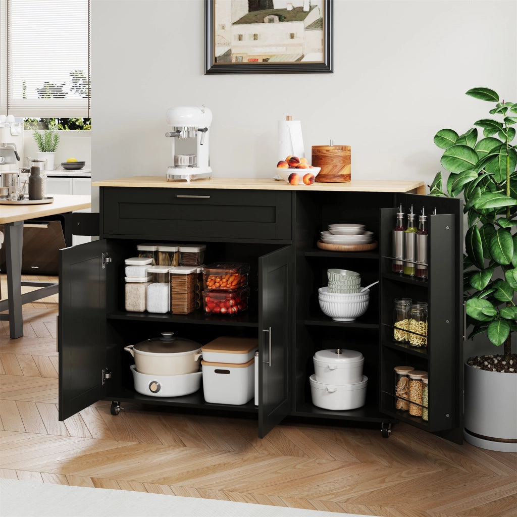 Carrello da Cucina con 2 Ante; 1 Cassetto; Ripiani Regolabili e Portasciugamani; in MDF; Nero e Naturale; 132;5 x 44 x 90 cm
