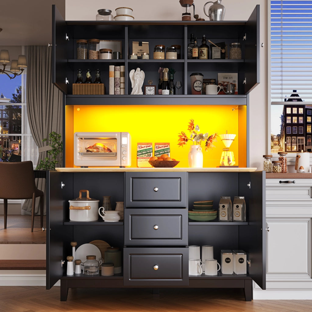 Credenza Alta da Cucina con 4 Ante; 3 Cassetti; LED e USB; per Cucina o Soggiorno; in MDF; Nero; 120 x 40 x 180 cm
