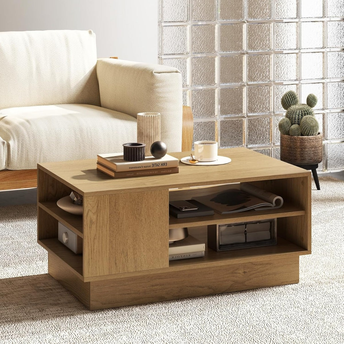 Tavolo centrale rettangolare con 2 ripiani di stoccaggio aperti-Tavolino da caff¨¨ moderno Naturale