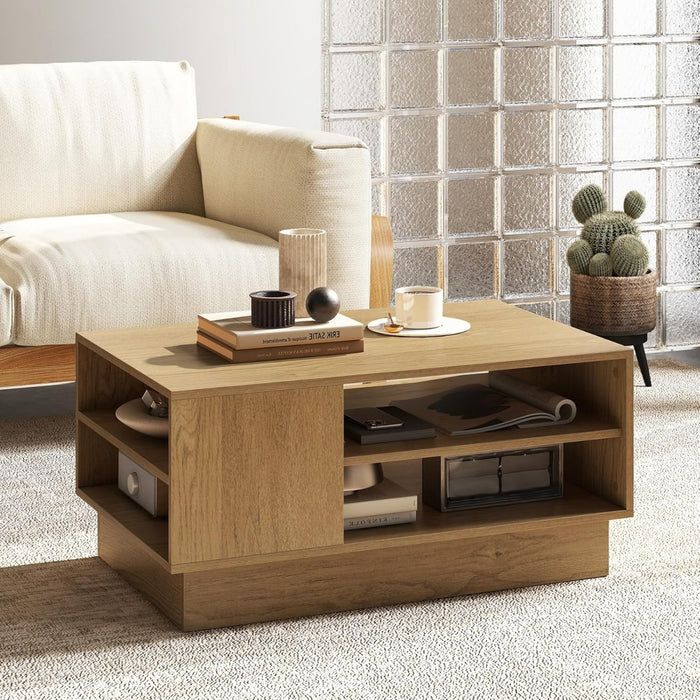 Tavolo centrale rettangolare con 2 ripiani di stoccaggio aperti-Tavolino da caff¨¨ moderno Naturale
