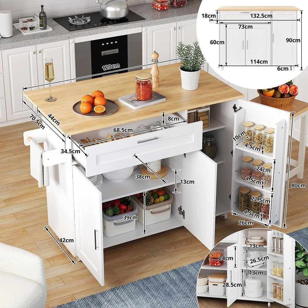 Grande tavolo da cucina mobile - Xylo - 132,5x44x90 cm - Finitura quercia - Piano di lavoro pieghevole