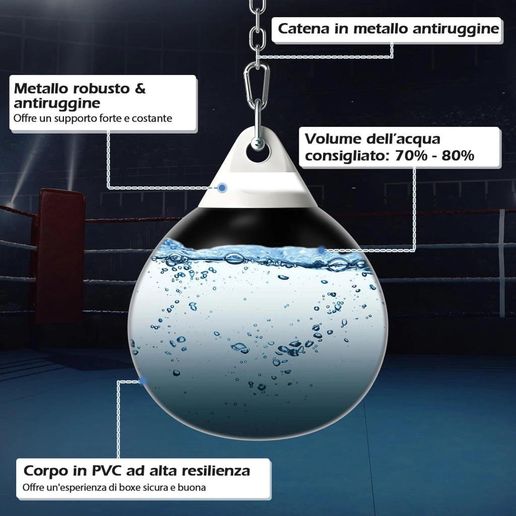 Sacco da Boxe ad Acqua da 51,5 cm, Sacco Anti-Perdite con Tubo di Riempimento d'Acqua, Catena in Metallo, Gancio e Croce, Sacco per Allenamento per Adulti e Bambini