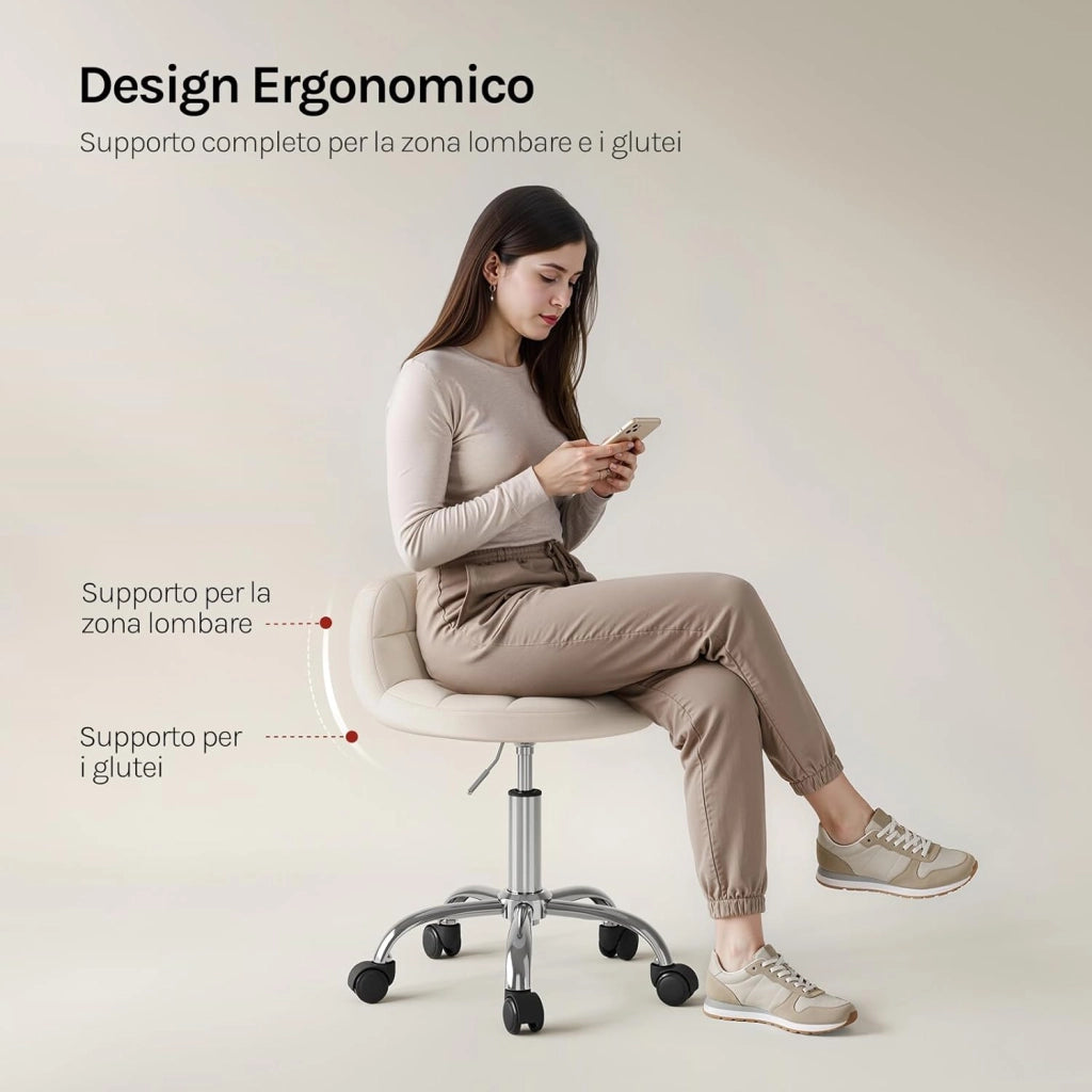 Sgabello con Ruote, Sedia da Trucco, Altezza Regolabile per Estetista Parrucchiere, Tattoo Studio e Salone, Velluto, Crema