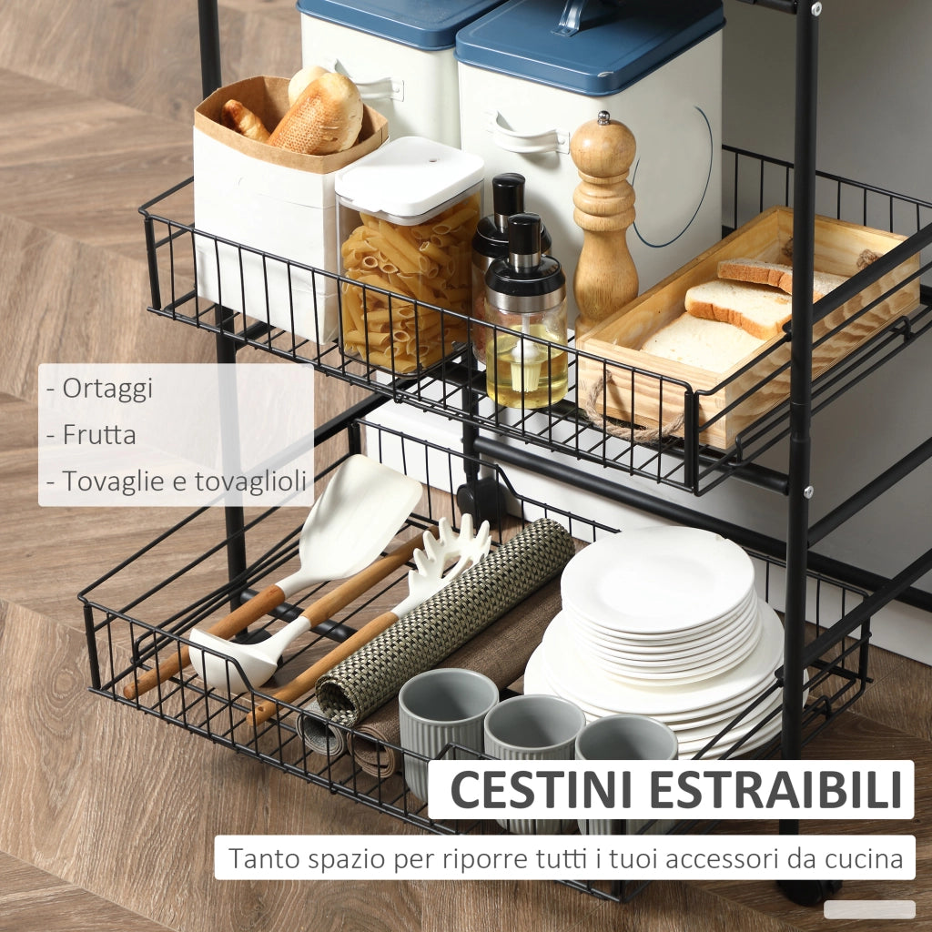 EasyComfort Carrello da Cucina Portavivande Stile Industriale con 4 Ruote, 2 Cestini e 4 Ganci, 60x38x85.5cm, Marrone Nero