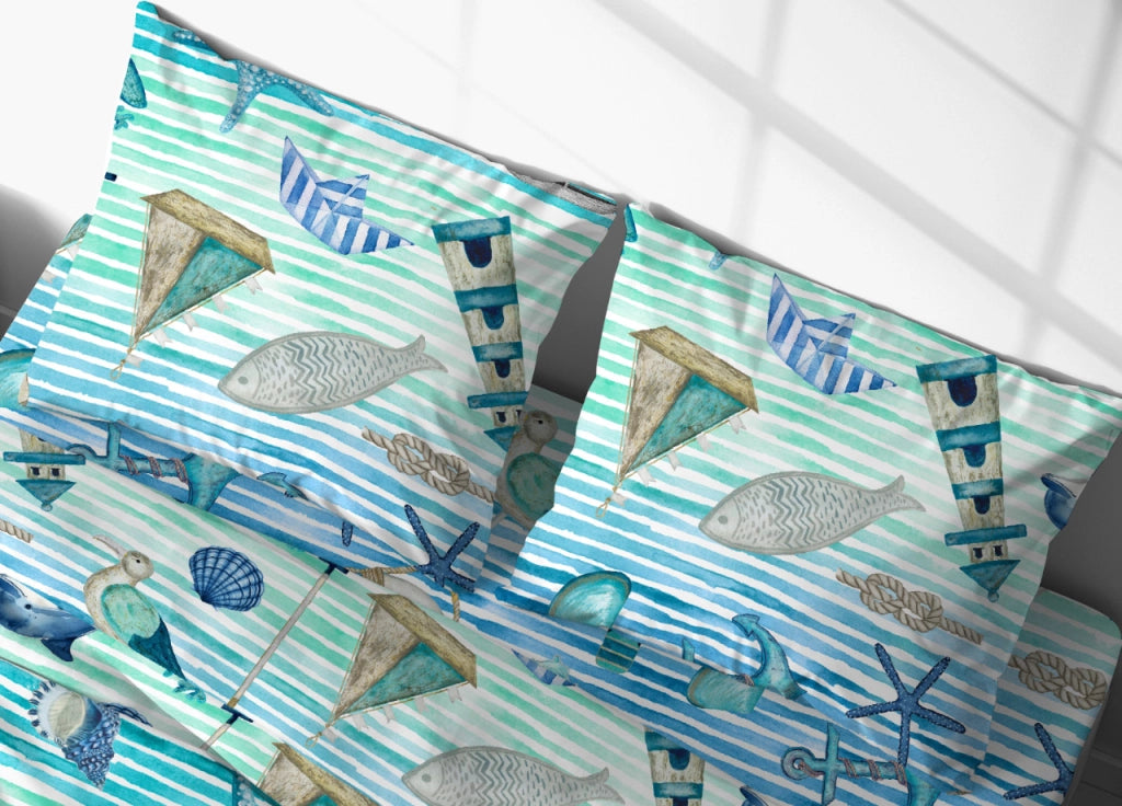 Coppia Federe Cuscino Letto Con Bottoni Laterali 100% Cotone Disegno Mare GI - Federe - Azzurro