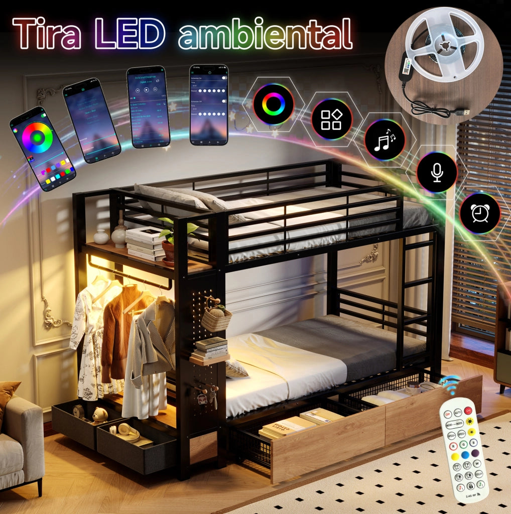 Letto a castello 90x200 cm in metallo e MDF; nero; con 2 cassetti e luce LED