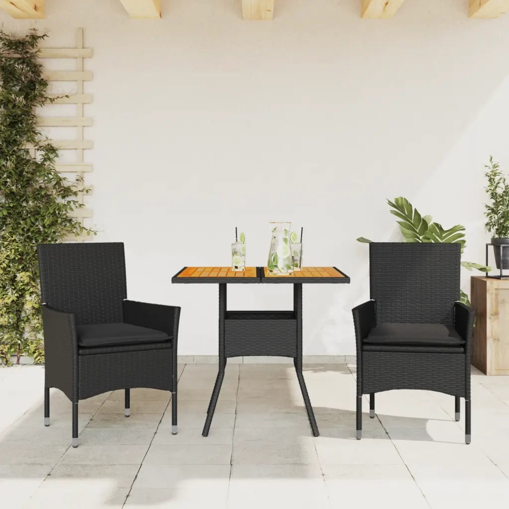 Set Pranzo da Giardino 3 pz con Cuscini Nero Polyrattan Acacia 3278711