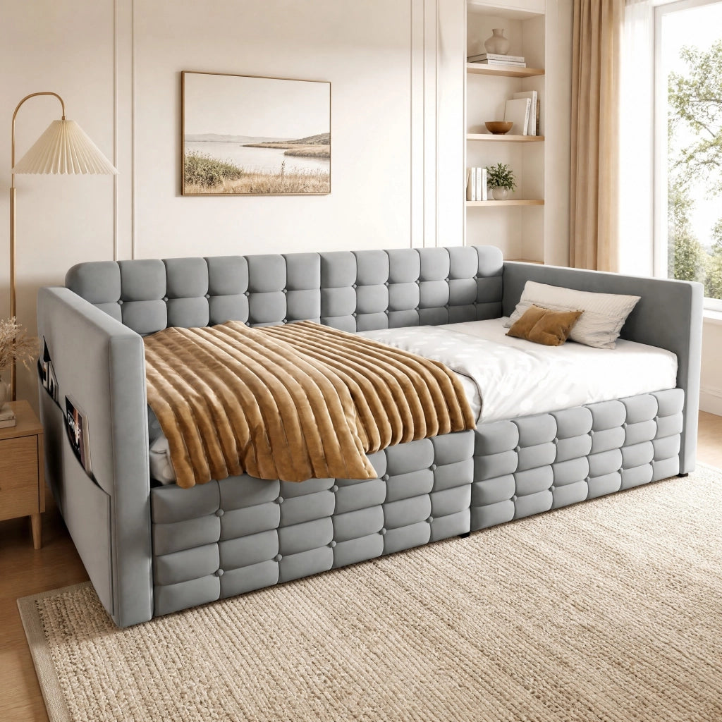 Letto imbottito 90x190 cm con testiera capitonn¨¦, 2 cassetti e tasche laterali, velluto grigio chiaro