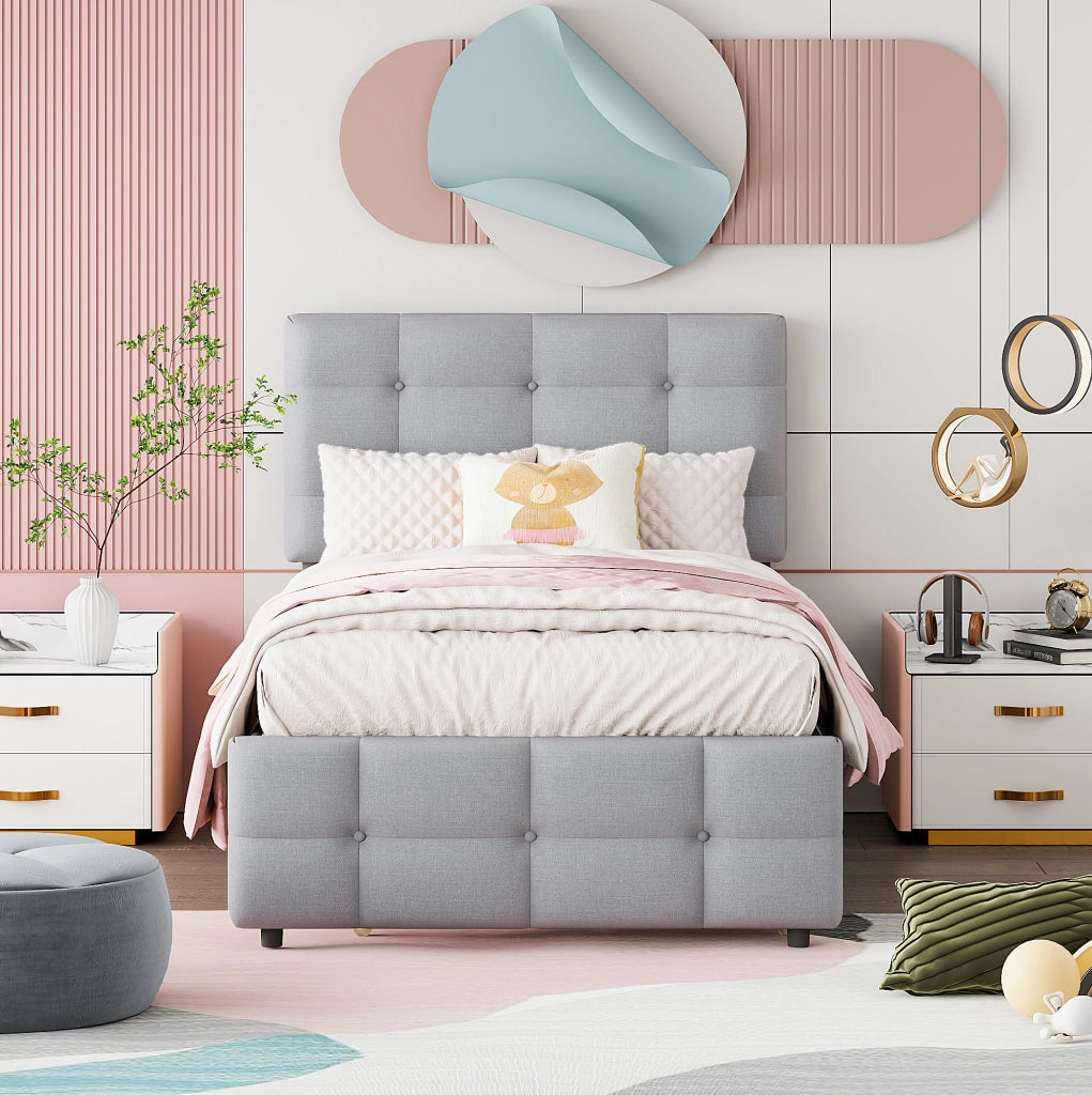 Letto imbottito 90x200 cm con letto estraibile e testiera regolabile in tessuto di lino grigio