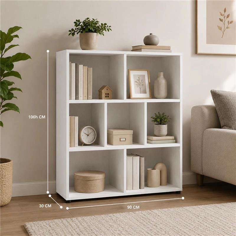 LIBRERIA MODERNA IN LEGNO BIANCO CON SETTE RIPIANI DIMENSIONI 90X30X106 CM