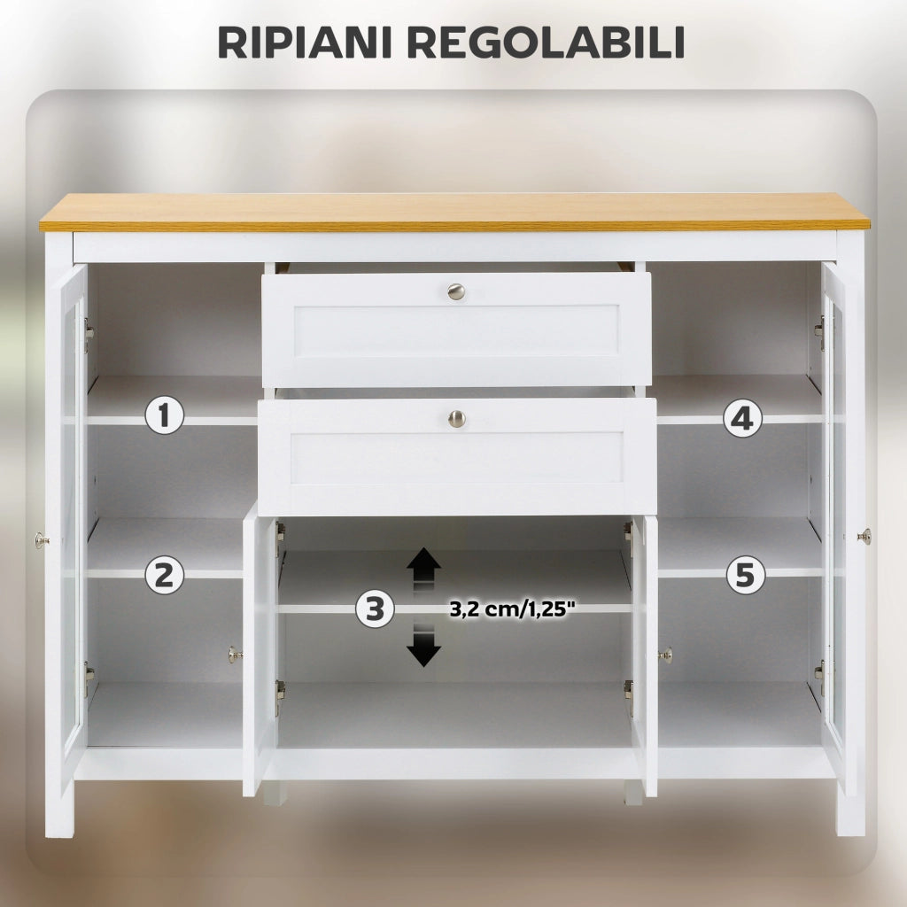 Mobile Cucina con 2 Cassetti e 3 Armadietti. Ante in Vetro e Ripiani Regolabili. 120x40x90 cm. Bianco e Rovere