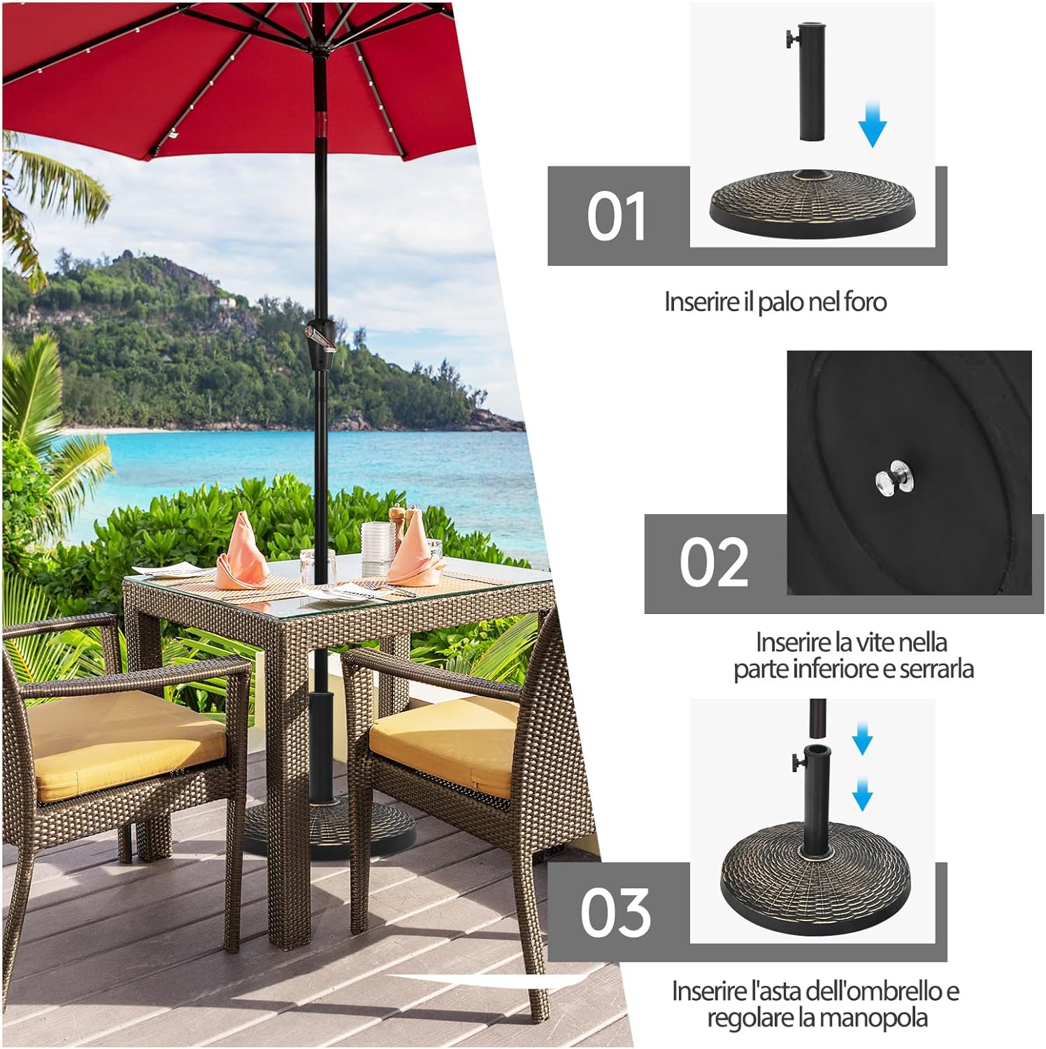 Base per Ombrellone da Giardino, Supporto per Ombrellone da Patio Rotondo da 12 kg, con Pomello Regolabile, Base per Ombrellone da 38/48 mm, per Giardino, Patio