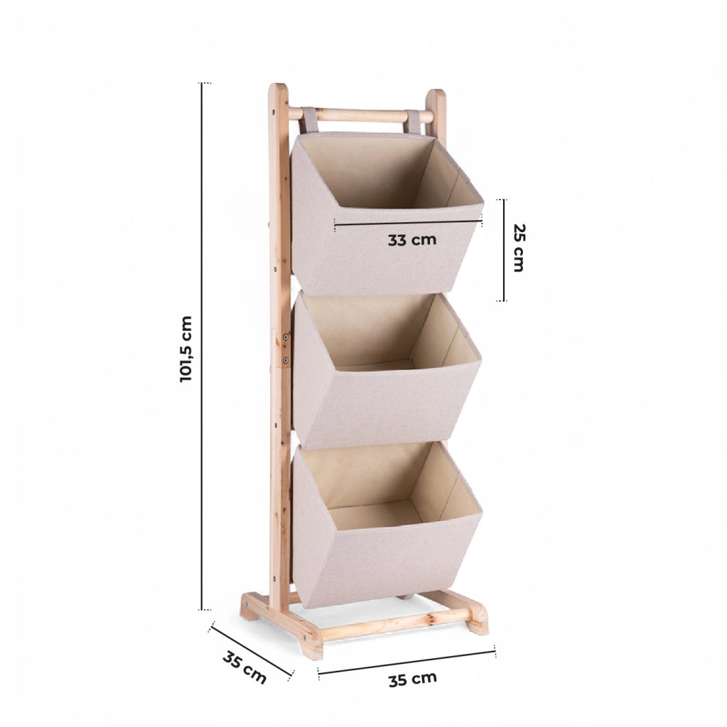 Mobiletto Portaoggetti Con 3 Cestini in Tessuto, Struttura in Legno, Organizer Salvaspazio 35 x 35 x 101,5 cm per Camera, Soggiorno e Cameretta, Beige