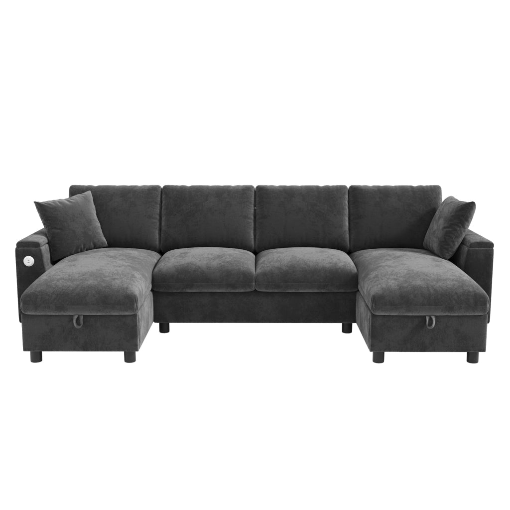 Divano a U in ciniglia con chaise longue contenitore; USB e Type-C; 279×135×84 cm; grigio