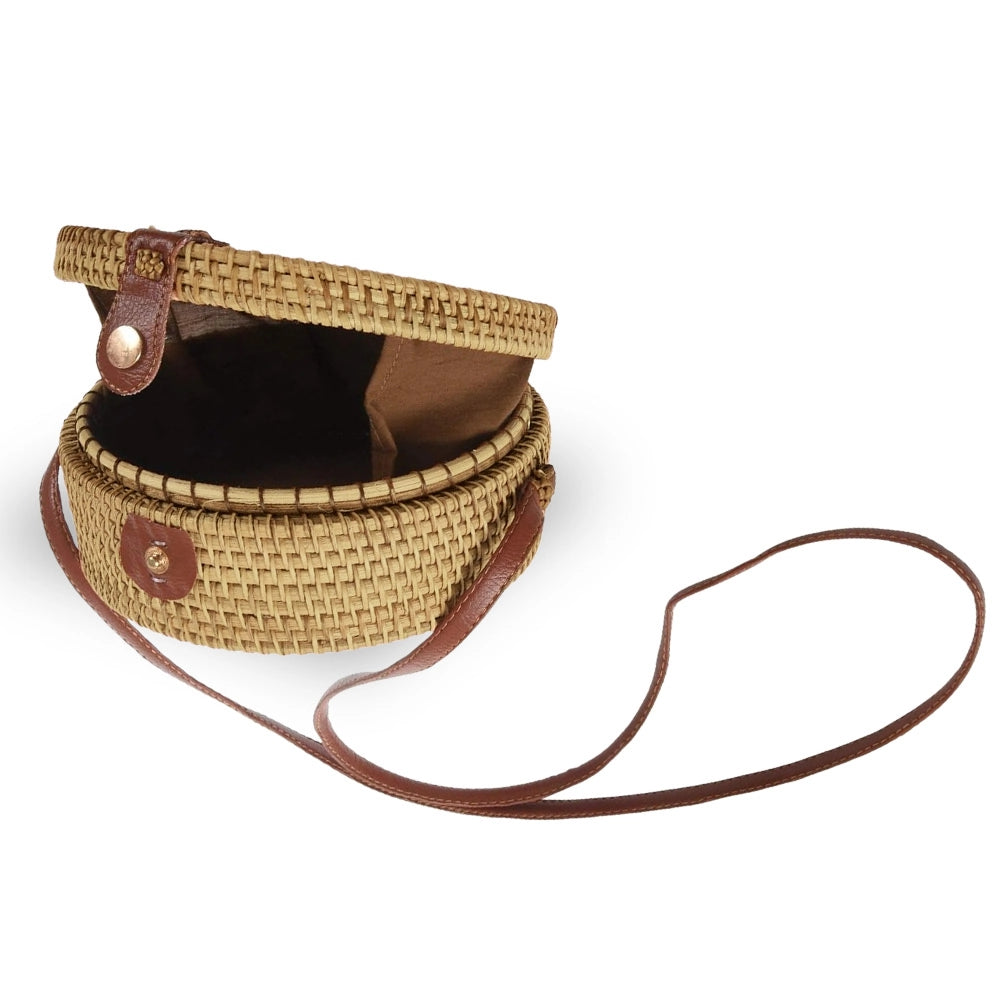 Borsetta rotonda in vimini intrecciato con tracolla simipelle marrone cm 20x7,5