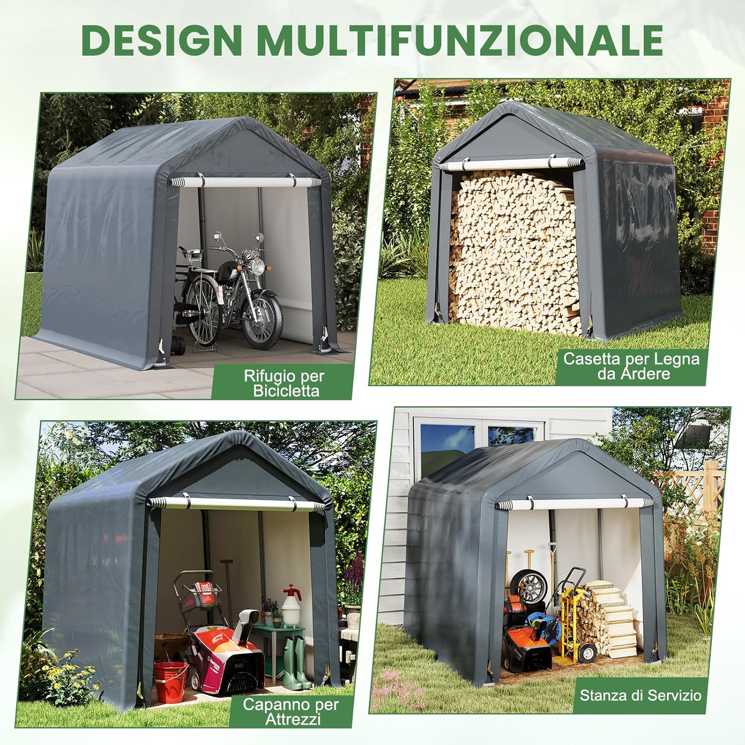 Tenda Garage per Moto e Bicicletta Impermeabile, Cappanone da Esterno con Porta a Cerniera Arrotolabile, Tendone Deposito da Giardino Multiuso per Attrezzi, 240 x 195 x 214 cm