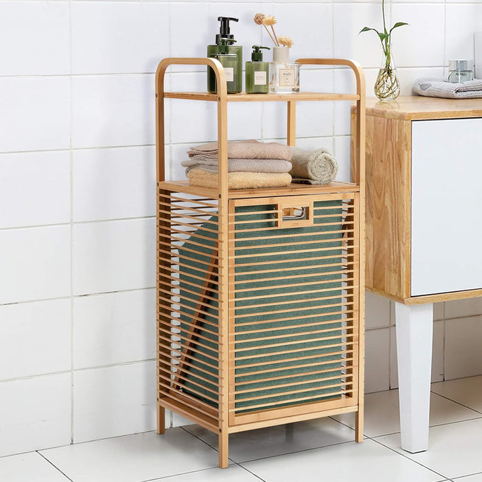 Armadietto da Terra Mobiletto Bagno 2 Ripiani Autoportante, con Sacco Portabiancheria, Adatto anche per Camera da Letto Salotto, in Bambù, 40,5 x 33 x 95,5 cm