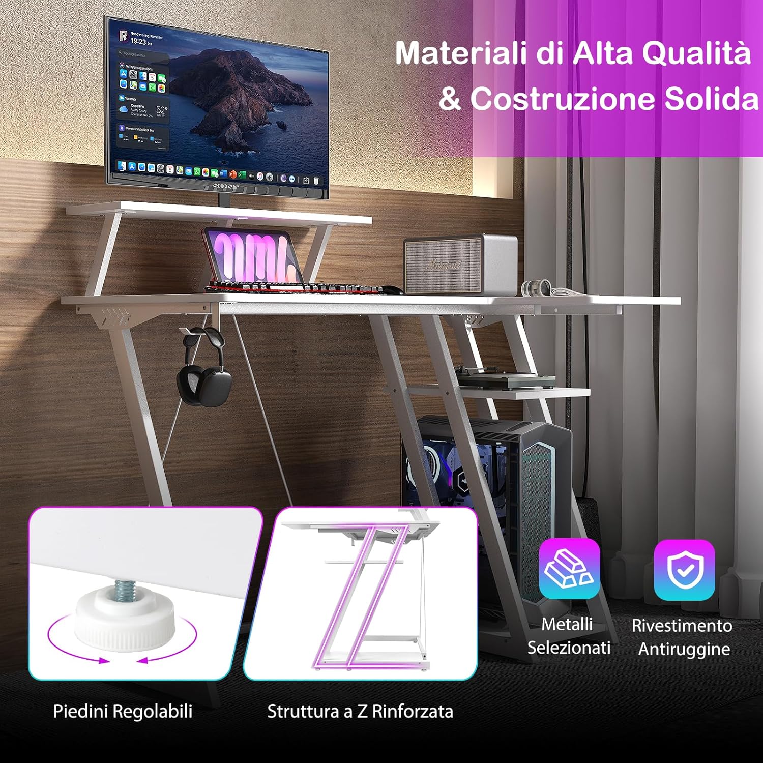 Scrivania Angolare Salvaspazio, Scrivania da Gaming con Prese, Porte USB, Ripiano per Monitor, Gancio per Cuffie, Ripiano e Supporto per CPU, Scrivania ad Angolo per Casa e Ufficio (Bianco)