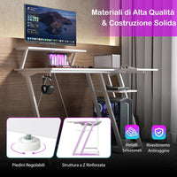 Scrivania Angolare Salvaspazio, Scrivania da Gaming con Prese, Porte USB, Ripiano per Monitor, Gancio per Cuffie, Ripiano e Supporto per CPU, Scrivania ad Angolo per Casa e Ufficio (Bianco)
