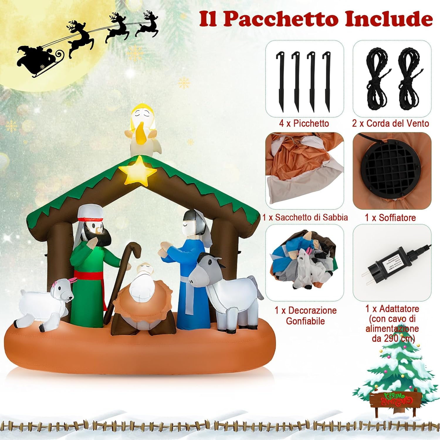 Presepe di Natale Gonfiabile da 180 cm, Decorazione Natalizia Gonfiabile Scena della Natività, con Luci LED Incorporate, per Interni e Esterni