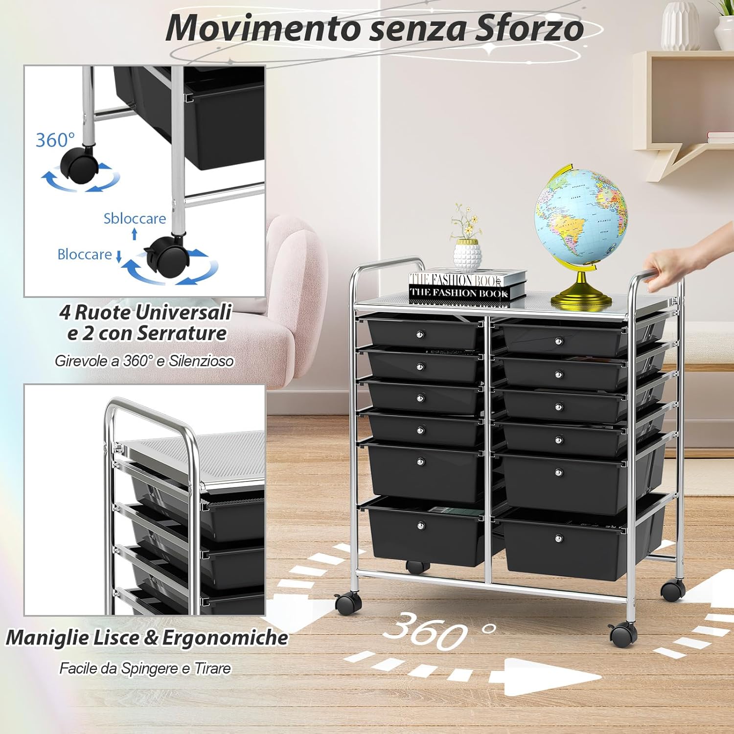 Carrello con 12 Cassetti con Ruote, Ideale per Ufficio e Domestico, 73,5 x 37 x 63 cm (Nero)