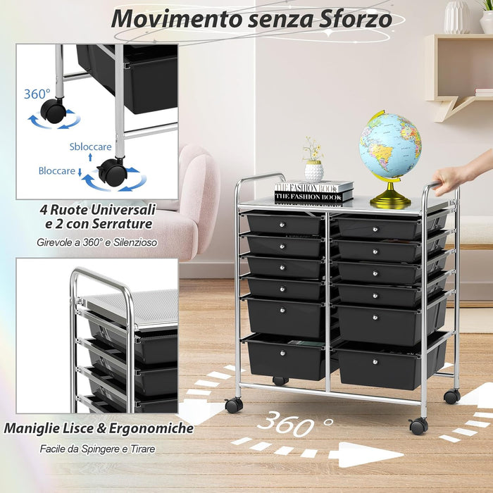 Carrello con 12 Cassetti con Ruote, Ideale per Ufficio e Domestico, 73,5 x 37 x 63 cm (Nero)