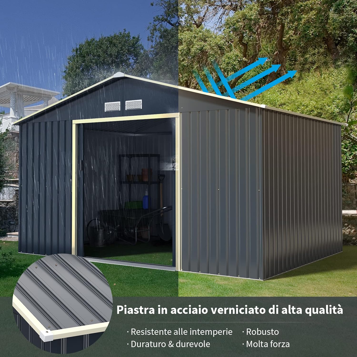 Casetta da Giardino Porta Attrezzi in Lamiera Acciaio Zincato, Capanno da Esterno con Tettoia, Sfilati e Ante Scorrevoli, Ideale per Cortile, Giardino e Fattoria (330 x 245 x 210 cm)