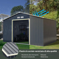 Casetta da Giardino Porta Attrezzi in Lamiera Acciaio Zincato, Capanno da Esterno con Tettoia, Sfilati e Ante Scorrevoli, Ideale per Cortile, Giardino e Fattoria (330 x 245 x 210 cm)