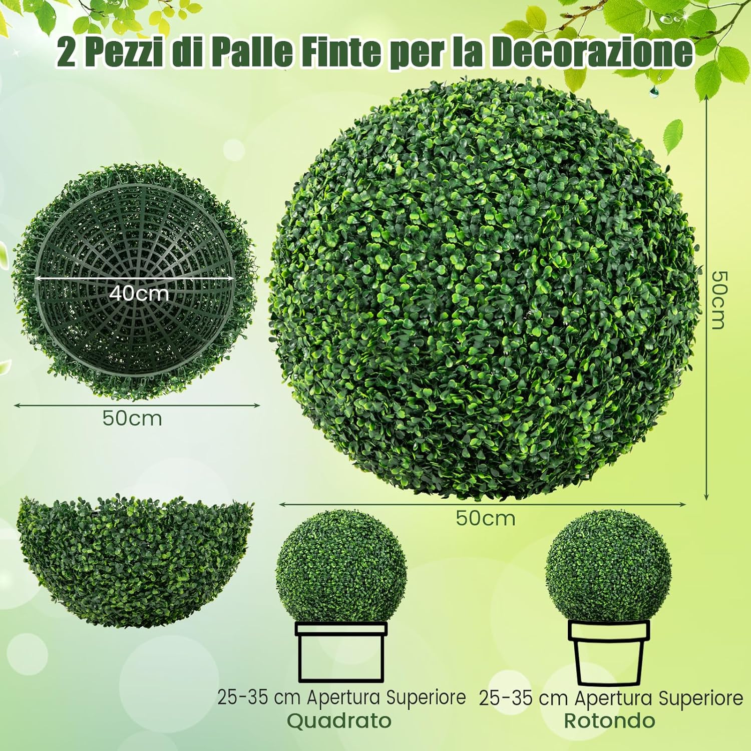 Set di 2 Sfere Topiarie in Bosso Artificiale 50 cm, Sfere Topiarie Protettive dal Sole, Piante Finte Decorative per Giardino, Ingresso, Balcone e Cortile
