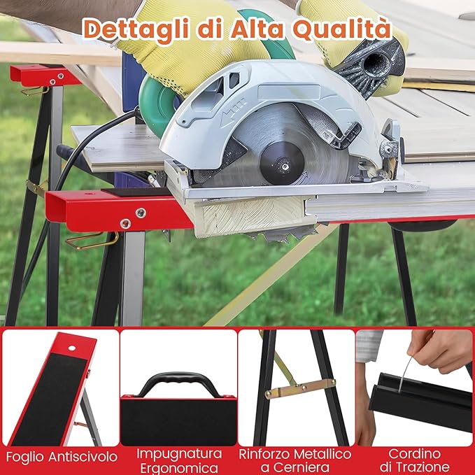 Set di 2 Cavalletti da Lavoro Pieghevoli, Cavalletto per Segare la Legna con Superficie Antiscivolo, Rinforzo a Cerniera e Maniglia, Carico Fino a 375 kg