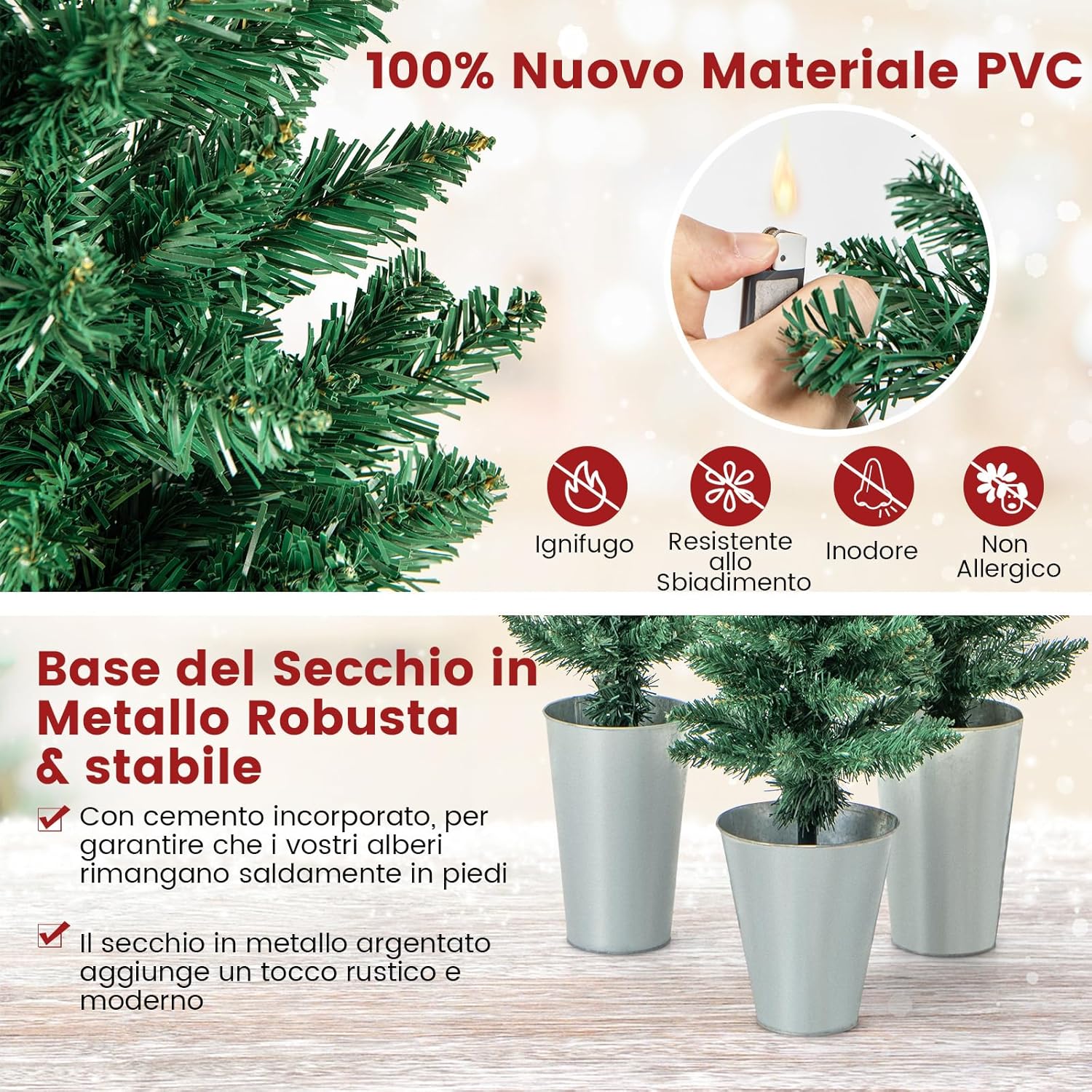 Set di 3 Alberi di Natale Artificiali da 90 CM + 120 CM + 150 CM, Alberi di Natale Slim con 120 + 140 + 160 Punte di Ramo e Basi in Metallo Riempite di Cemento, Decorazione Natalizia Interna