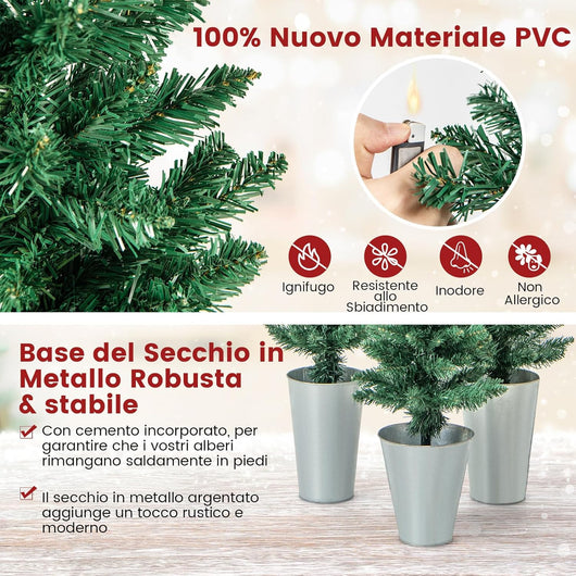 Set di 3 Alberi di Natale Artificiali da 90 CM + 120 CM + 150 CM, Alberi di Natale Slim con 120 + 140 + 160 Punte di Ramo e Basi in Metallo Riempite di Cemento, Decorazione Natalizia Interna