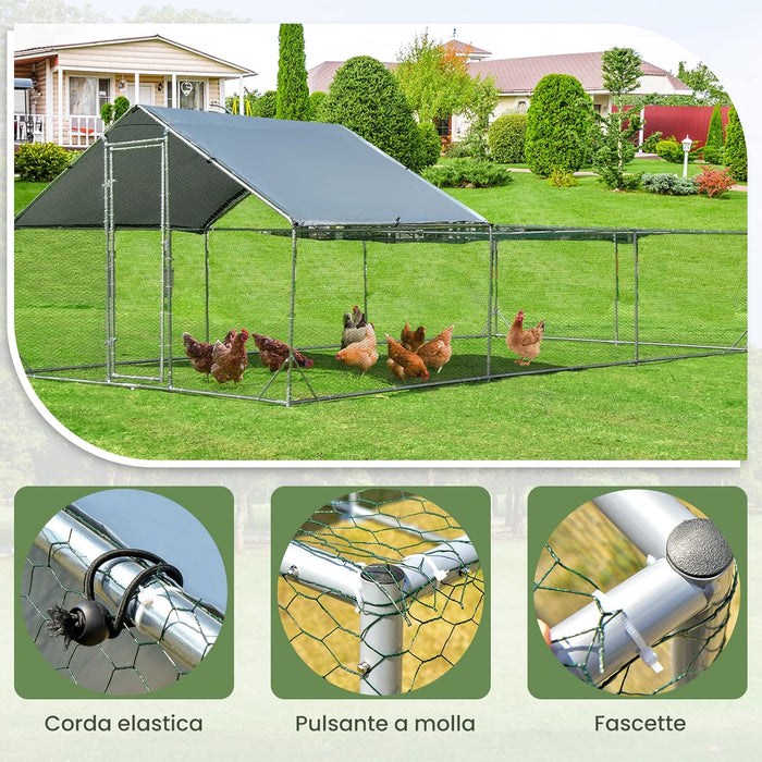 Pollaio per Galline da Esterno 3 x 6 x 1,95 M, Gabbia da Esterno Grande in Acciaio Zincato con Serratura e Tetto Impermeabile e Resistente al Sole, Recinto per Galline e Conigli