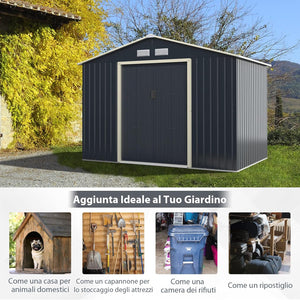 Casetta da Giardino Porta Attrezzi in Lamiera Acciaio Zincato 4,83 M2, Capanno da Esterno con Tettoia, Sfilati e Ante Scorrevoli (267 x 181 x 202 cm)