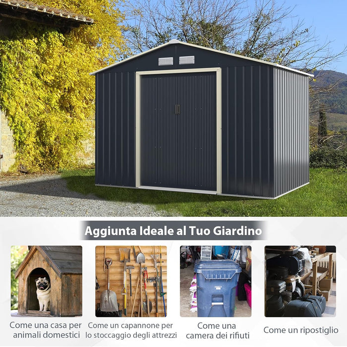Casetta da Giardino Porta Attrezzi in Lamiera Acciaio Zincato 4,83 M2, Capanno da Esterno con Tettoia, Sfilati e Ante Scorrevoli (267 x 181 x 202 cm)