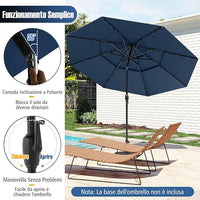 Ombrellone da Patio 313 cm con 32 Luci LED, Tetto Ventilato a 3 Piani, Inclinazioni Regolabili, Manovella, 8 Stecche, Ombrellone da Giardino, Piscina, Spiaggia