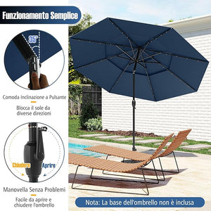 Ombrellone da Patio 313 cm con 32 Luci LED, Tetto Ventilato a 3 Piani, Inclinazioni Regolabili, Manovella, 8 Stecche, Ombrellone da Giardino, Piscina, Spiaggia