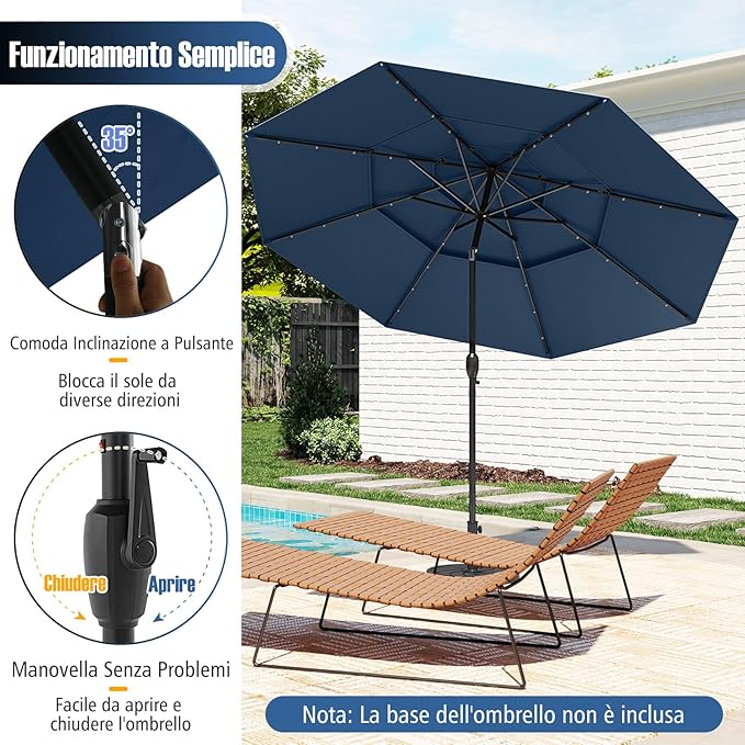 Ombrellone da Patio 313 cm con 32 Luci LED, Tetto Ventilato a 3 Piani, Inclinazioni Regolabili, Manovella, 8 Stecche, Ombrellone da Giardino, Piscina, Spiaggia