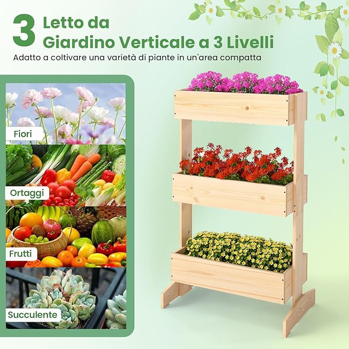 Letto da Giardino Rialzato a 3 Livelli, Fioriere in Legno da Interno e Esterno per Fiori, Verdure ed Erbe, Supporto per Vasi da Fiori Autoportante per Patio, Balcone e Giardino