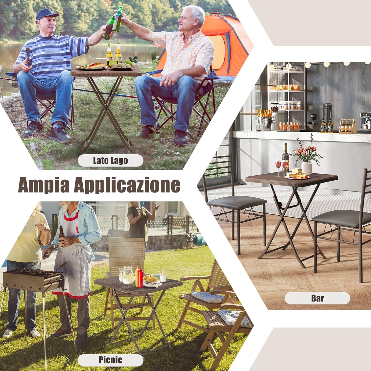 Tavolino Pieghevole Quadrato 60 cm, Tavolo da Pranzo per Interni ed Esterni con Piano in Rattan, Maniglia per Trasporto, Tavolo da Picnic per 4 Persone, Portata 50 kg