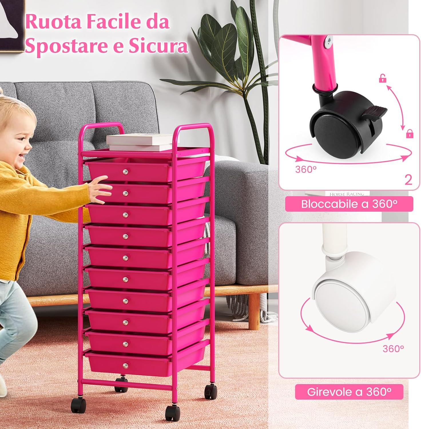 Carrello con 10 Cassetti da Stoccaggio, Cassettiera di Metallo e Plastica, Contenitore Multiuso con Ruote a Freno, per Casa e Ufficio (Rosa)