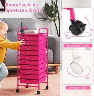 Carrello con 10 Cassetti da Stoccaggio, Cassettiera di Metallo e Plastica, Contenitore Multiuso con Ruote a Freno, per Casa e Ufficio (Rosa)
