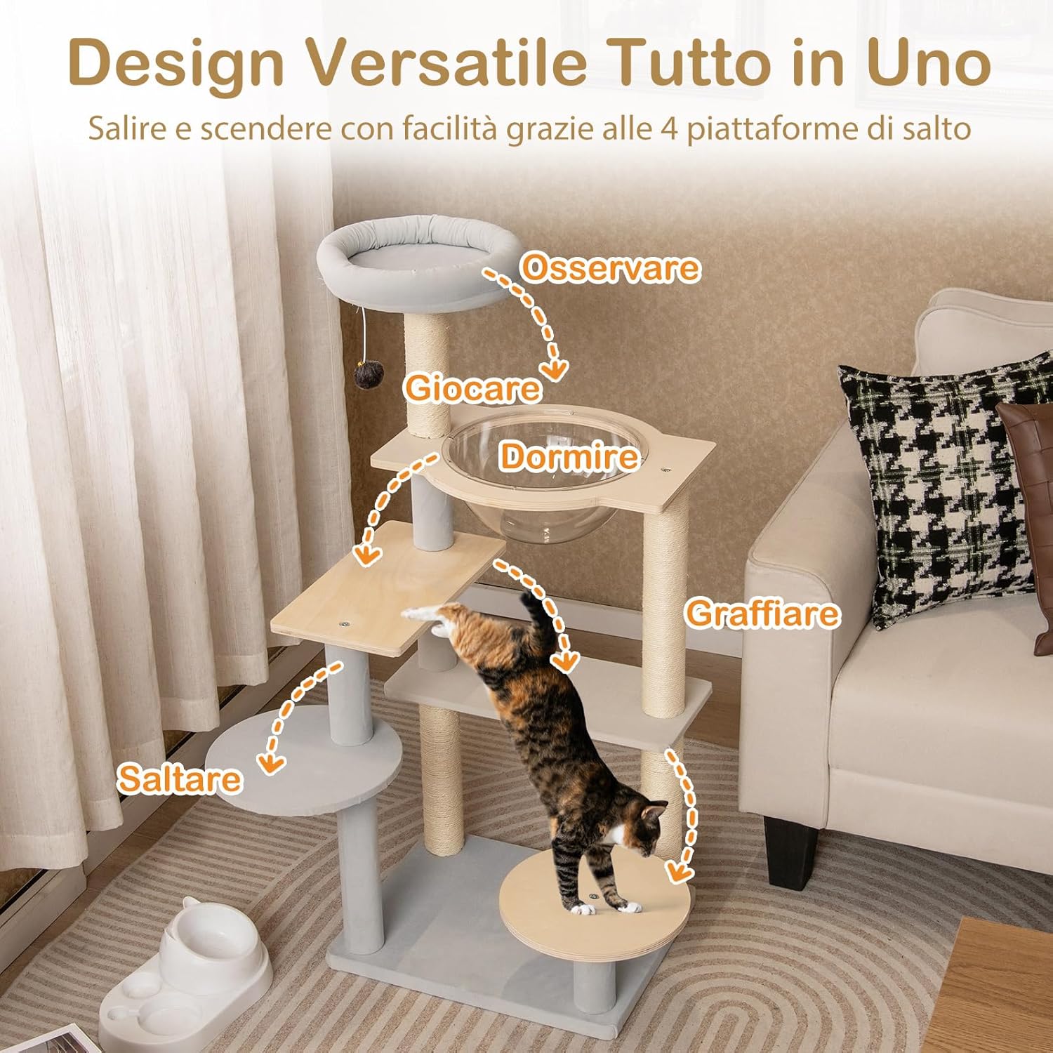 Tiragraffi per Gatto Alto 113 cm con Capsula Spaziale, Albero Tiragraffi Gatti con 4 Pali in Sisal, Piattaforme, Trespolo e Pompon, Torre Gatto in Legno Solido, Naturale e Grigio