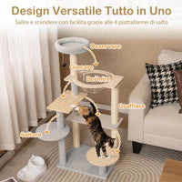 Tiragraffi per Gatto Alto 113 cm con Capsula Spaziale, Albero Tiragraffi Gatti con 4 Pali in Sisal, Piattaforme, Trespolo e Pompon, Torre Gatto in Legno Solido, Naturale e Grigio