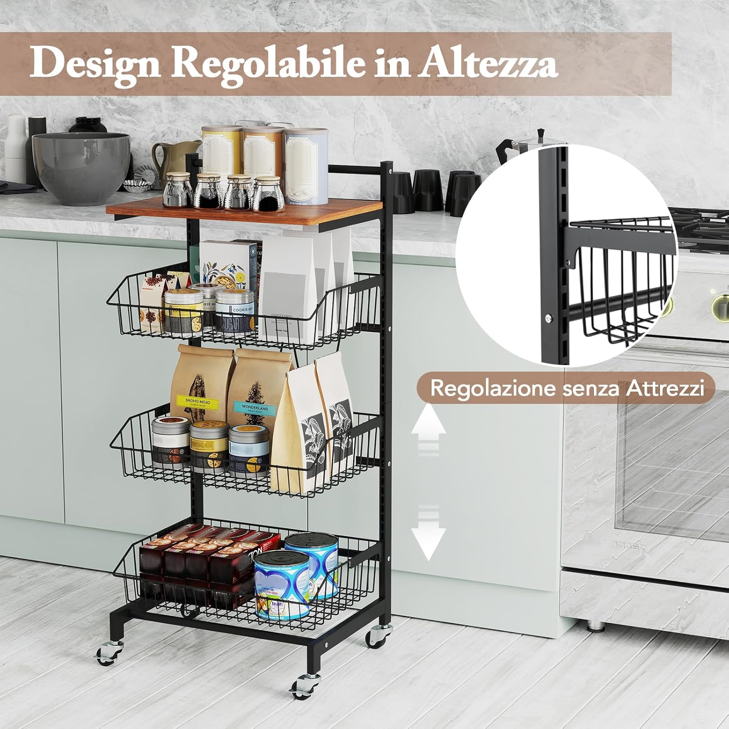 Carrello da Cucina con Ruote, Cestini Portaoggetti per Frutta e Verdura con Cestini Regolabili in Altezza e Rimovibili, Carrello Portafrutta a 4 Piani, Piano in Legno, 40x31x88 cm