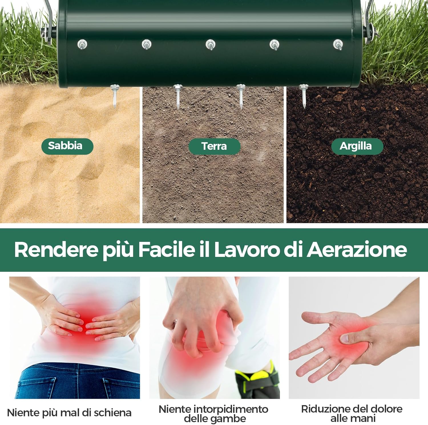 Arieggiatore Giardino 44/53 CM, Arieggiatore da Prato con Manico Rimovibile e Punte per Allentamento del Terreno, Arieggiatore Manuale per Prato, Giardino e Cortile (44 x 128 cm Verde)